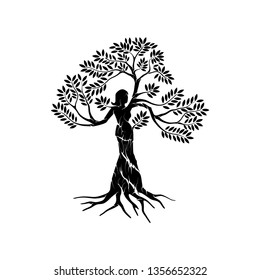 Dryads vector silhouette, illustration of a tree nymph or tree spirit in Greek mythology