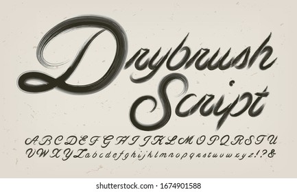 Drybrush Script calligraphic alphabet. A cursive font with the effect of a lightly loaded black ink brush.