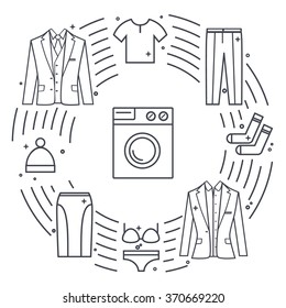 Dry-cleaning and laundry vector objects. Line icon illustration. Unique vector concept with different clothes elements: washer, jacket, skirt, hat, socks, t-shirt.