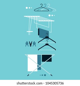 Dryer clothes, clothespins, hangers. Flat vector icons.