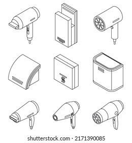 Dryer icons set. Isometric set of dryer vector icons outline isolated on white background