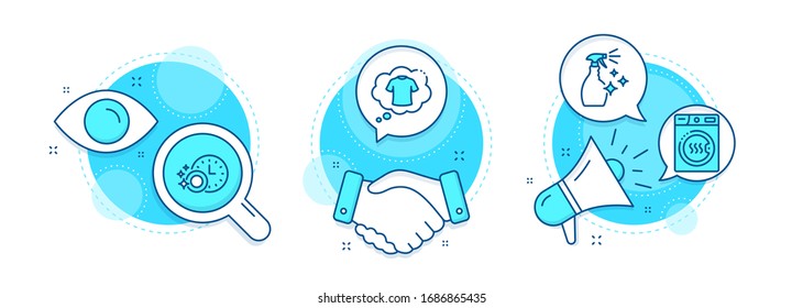 Dryer machine, Dishwasher timer and Washing cleanser line icons set. Handshake deal, research and promotion complex icons. T-shirt sign. Laundry, Cleaning dishes, Housekeeping spray. Vector
