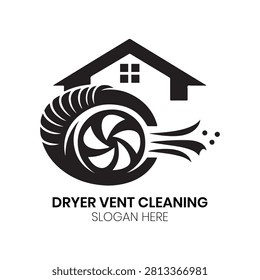 Dryer Vent Cleaning logo illustrates a vent exiting a house with a cleaning brush, designed for HVAC services, home maintenance experts, or ventilation specialists seeking a professional, clean, and recognizable visual identity that emphasizes thorough cleaning and safety for homeowners and facility managers seeking reliable solutions.