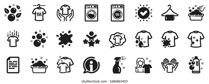 Dryer, Washing machine and dirt shirt. Laundry icons. Laundromat, hand washing, soap bubbles in basin icons. Dry t-shirt, laundry service, dirty smudge spot. Clean clothes. Vector