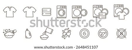 Dryer, washing machine and simple shirt. Lingerie line icons. Self-service laundry, hand washing, laundry service, linear set. Instruction icons of cleaning of clothes. Editable Stroke. 