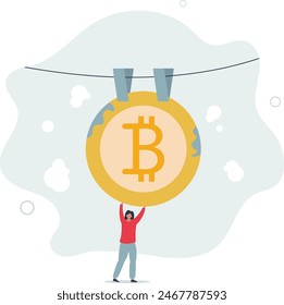 drying B alphabet with pegs as Bitcoin symbol after laundering.flat vector illustration.