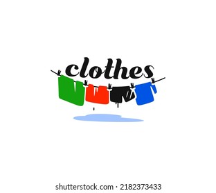 Drying clothes in clothesline logo design. Wet clothes drying on washing line vector design.Towel with clothes pegs logotype