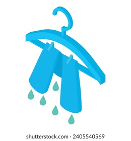 Drying clothes icon isometric vector. Blue clean jeans drying on clothes hanger. Laundry, household concept