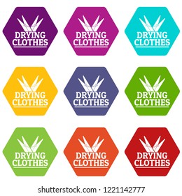 Drying clothes icons 9 set coloful isolated on white for web