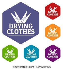 Drying clothes icons vector colorful hexahedron set collection isolated on white 
