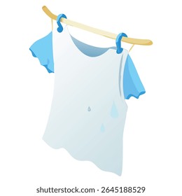 Ilustração de roupas de secagem no varal com camisa azul e branca pendurada para o projeto do dia da lavanderia