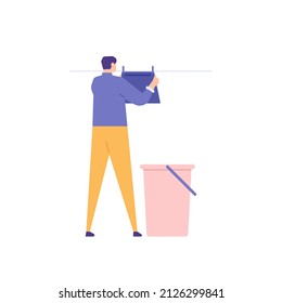 Trocknen der Kleidung. ein Mann hängt Kleidung an einer Wäscheleine, um zu trocknen. Wäschereiarbeiter, Dienstmädchen. Menschen Aktivität. flache Cartoon-Illustration. Konzept-Design
