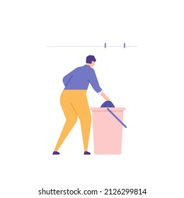 drying clothes. a man takes clothes from a bucket to dry. laundry workers, maids. people activity. flat cartoon illustration. concept design