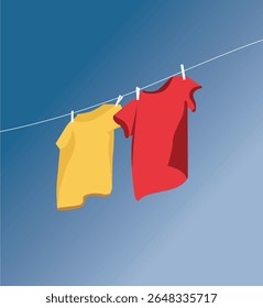 secagem de roupas. camisetas vetoriais penduradas em um varal em um dia ventoso,
