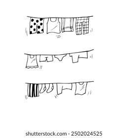 drying family clothes with a rope hand drawn sketch vector illustration