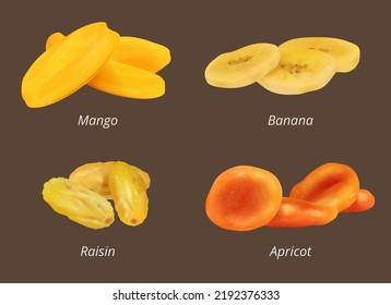 Drying fruits. Diet helthy vegetarian products figs apricots raisins dried prune decent vector food ingridients