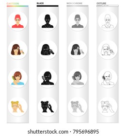 Drying hair, perming the bangs, combing and care, dyeing eyelashes. Make-up and hair care set collection icons in cartoon black monochrome outline style vector symbol stock illustration web.