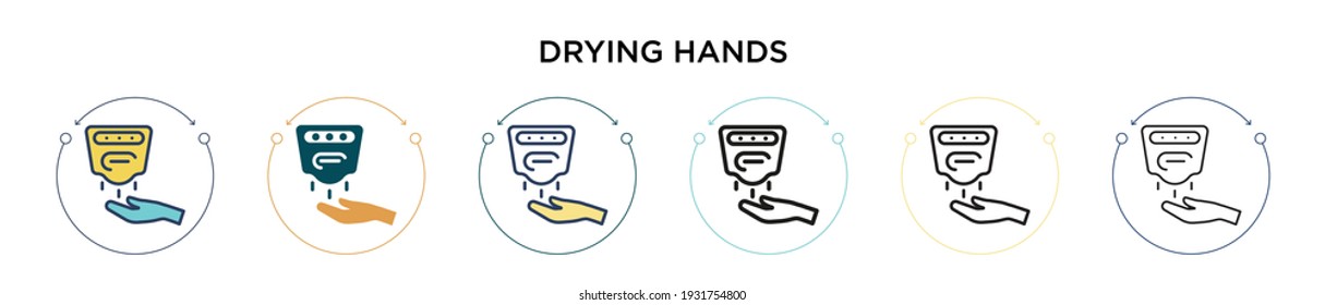 Drying hands icon in filled, thin line, outline and stroke style. Vector illustration of two colored and black drying hands vector icons designs can be used for mobile, ui, web