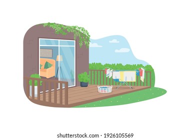 Lavado de secado en el banner de la web vectorial 2D del patio trasero, afiche. La ropa lavada cuelga afuera. Escenario plano de primavera al aire libre sobre fondo de dibujos animados. Parche estacional de limpieza imprimible, elemento web colorido