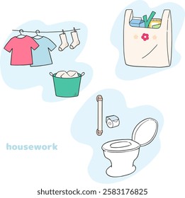 drying laundry, cloth or tote shopping bag, accessible restroom, vector Illustration set.