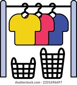 Drying laundry indoors vector color design, Housekeeping symbol, Office caretaker sign, porter or cleanser equipment stock illustration, clothes line or clothesline with Baskets concept