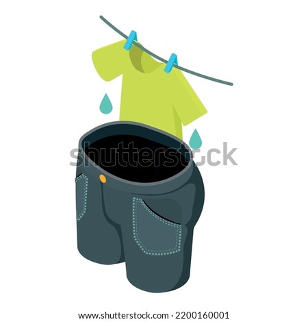 Drying linen icon isometric vector. Wet tshirt on clothesline and denim breeches. Laundry, drying, household