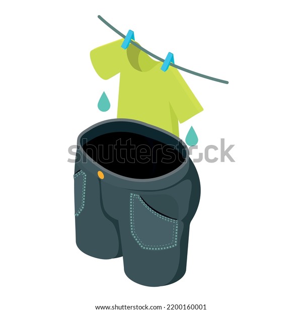Drying linen icon\
isometric vector. Wet tshirt on clothesline and denim breeches.\
Laundry, drying,\
household