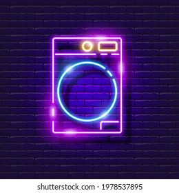 Drying machine neon sign. Vector illustration for design. Washer icon. Laundry equipment. Household appliances. Laundry concept.