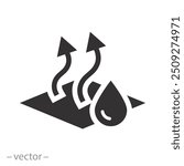 drying paint or varnish surface icon, moisture evaporation process of coating, steam or gas arrows, drop liquid on cloth, flat vector illustration