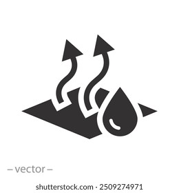 Icono de la superficie del barniz o de la pintura de secado, proceso de evaporación de la humedad de la capa, vapor o flechas del gas, líquido de la gota en la tela, Ilustración vectorial plana