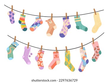 Drying socks concept. Collection of elements of clothes on rope. Cleanliness and hygiene, laundry. Household chores and routine. Cartoon flat vector illustrations isolated on white background