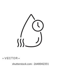 drying time icon, water drop with clock, wet cleaning concept, thin line symbol isolated on white background, editable stroke eps 10 vector illustration