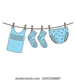 Secagem de roupas infantis molhadas penduradas em um varal