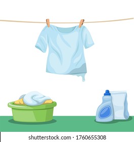 Drying Wet Tshirt Hanging on Clothesline with Clothes Bucket and Cleaning Detergent Product in Floor, Washing Clothes and Laundry Symbol in Cartoon Illustration Vector on White Background