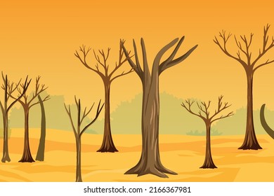 Dryland background with dead tree logs vector. Cutting trees and drought problem concept with dry yellow lands. The jungle turned into a desert for the greenhouse effect and global warming.