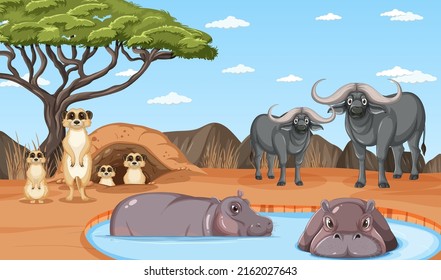Dryland forest landscape with animals illustration