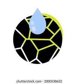 Dryness icon. Blue drop of water. Moisture and humidity. Crack in green ground. Broken circle surface. Broken pieces. Abstract symbol icon.