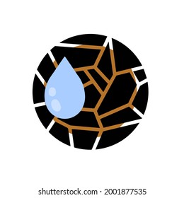 Dryness icon. Blue drop of water. Moisture and humidity. Crack in brown ground. Broken circle surface. Broken pieces. Abstract symbol icon.