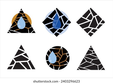 Dryness icon. Blue drop of water. Moisture and humidity. Crack in brown ground. Broken pieces. Abstract symbol icon of Broken circle surface.