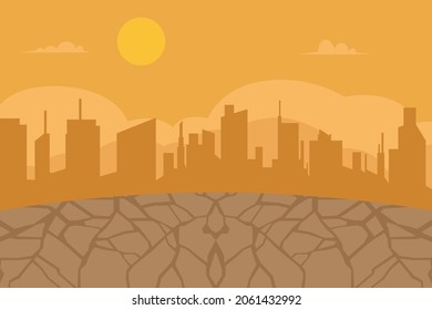 Dryness vector concept: Dry land with silhouette cityscape and cracked land