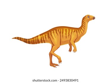 In: Dryosaurus prehistory dinosaur. Isolierte Cartoon Vektorgrafik Herbivore Dino Tierfigur mit einem langen Schwanz und Hals, orange Haut und gelben Streifen steht auf zwei Beinen, zeigt seine scharfen Krallen