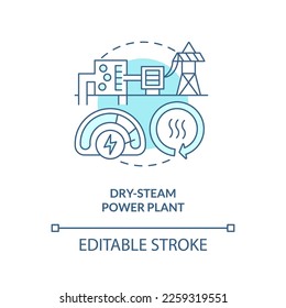 Dry-steam power plant blue concept icon. Turbine and generator. Geothermal station abstract idea thin line illustration. Isolated outline drawing. Editable stroke. Arial, Myriad Pro-Bold fonts used