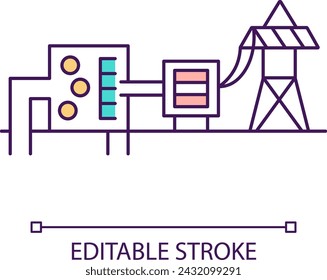 Dry-steam power plant RGB color icon. Hydrothermal fluids. Electricity generation industry. Energy station. Isolated vector illustration. Simple filled line drawing. Editable stroke