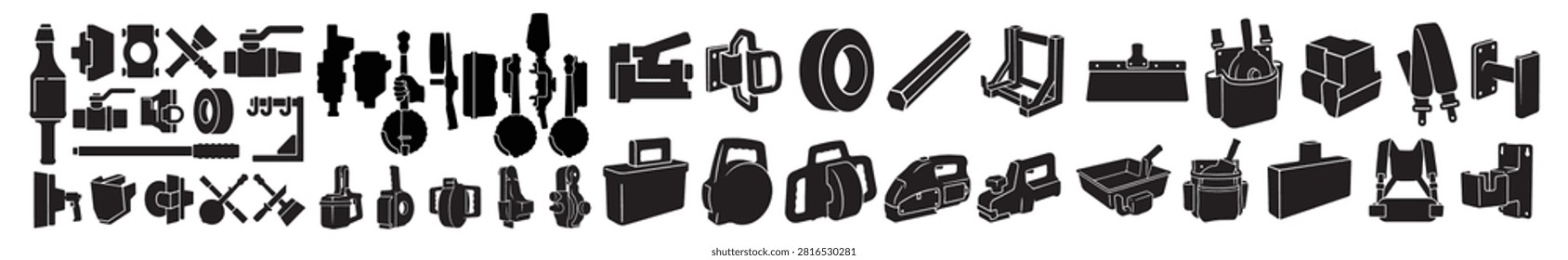 Drywall Banjo Taper Vector Silhouette Bundle - Gypsum Board Taping Tool Icon Pack - Plasterer Finishing Equipment Template Collection

If you want to create professional marketing layouts or branding assets for interior finishing contractors, this comprehensive collection of wall taping silhouettes is the ideal setup for your workshop portfolio. We have packed this extensive bundle with items that represent gypsum board mudding, featuring solid black vector shapes of manual banjo tapers, aluminum mud shooters, joint tape rolls, putty knives, tool pouches, corner rollers, mud pans, stilts, and applicator boxes. The layout also integrates essential plastering gear including compound buckets, sanding blocks, hawk trays, trowels, stilts harnesses, and drywalling accessories.

Every single tool outline and equipment shape in this graphic compilation is carefully structured with sharp contours and flat solid configurations to ensure seamless scalability. It works beautifully as a high-converting template layout for digital creators and print shops looking to build clean trade logos, custom finisher uniform shirts, vinyl decals for contractor trucks, or commercial print on demand merchandise without dealing with messy node errors or overlapping paths.