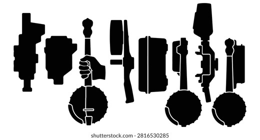 Drywall Banjo Taper Vector Silhouette Bundle - Gypsum Board Taping Tool Icon Pack - Plasterer Finishing Equipment Template Collection

If you want to create professional marketing layouts or branding assets for interior finishing contractors, this comprehensive collection of wall taping silhouettes is the ideal setup for your workshop portfolio. We have packed this extensive bundle with items that represent gypsum board mudding, featuring solid black vector shapes of manual banjo tapers, aluminum mud shooters, joint tape rolls, putty knives, tool pouches, corner rollers, mud pans, stilts, and applicator boxes. The layout also integrates essential plastering gear including compound buckets, sanding blocks, hawk trays, trowels, stilts harnesses, and drywalling accessories.

Every single tool outline and equipment shape in this graphic compilation is carefully structured with sharp contours and flat solid configurations to ensure seamless scalability. It works beautifully as a high-converting template layout for digital creators and print shops looking to build clean trade logos, custom finisher uniform shirts, vinyl decals for contractor trucks, or commercial print on demand merchandise without dealing with messy node errors or overlapping paths.