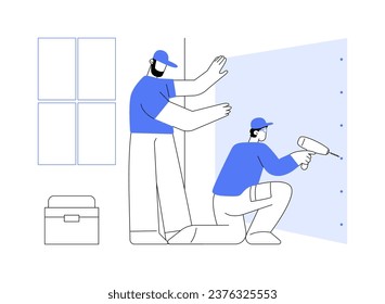 Drywall hanging abstract concept vector illustration. Group of professional builders hanging a drywall, residential area construction, renovation process, contractors job abstract metaphor.