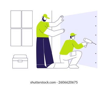 Drywall hanging abstract concept vector illustration. Group of professional builders hanging a drywall, residential area construction, renovation process, contractors job abstract metaphor.
