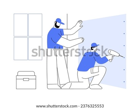 Drywall hanging abstract concept vector illustration. Group of professional builders hanging a drywall, residential area construction, renovation process, contractors job abstract metaphor.