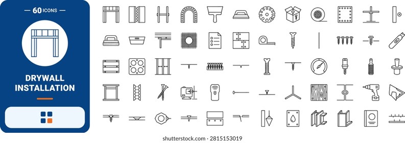 Drywall installation fastener spacing carpentry tools line icon set covering screw, pattern, framing, and studs concepts, thin linear illustration.