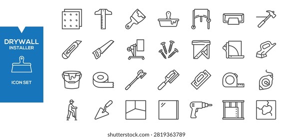 Drywall Installer Icons Set – Flat Construction Worker, Interior Finishing Building Trades Vector Collection